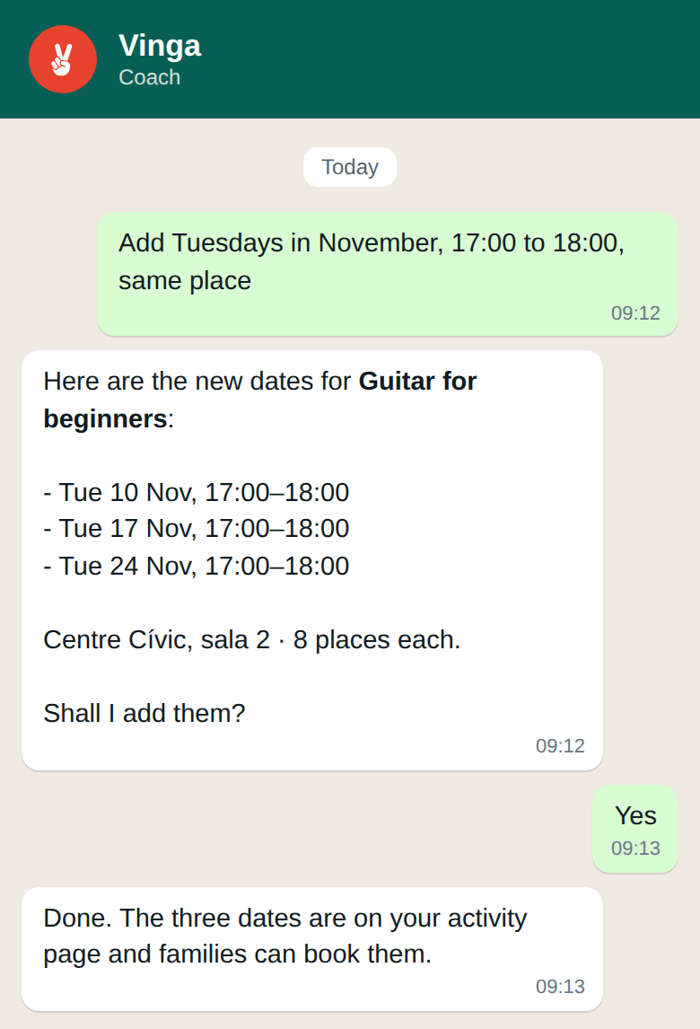 Create your activity over WhatsApp.