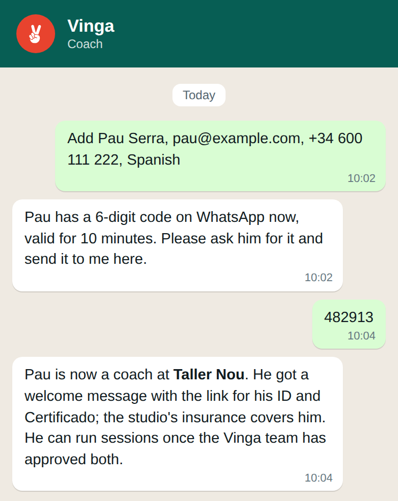Add your coaches over WhatsApp.