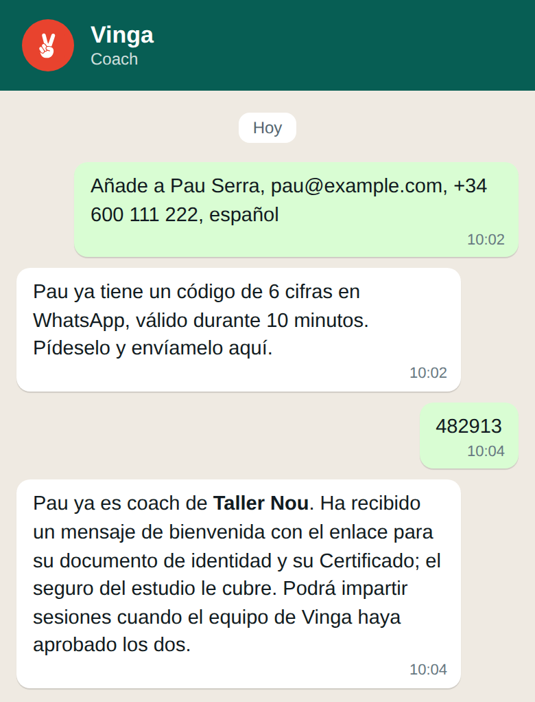 Añade a tus coaches por WhatsApp.